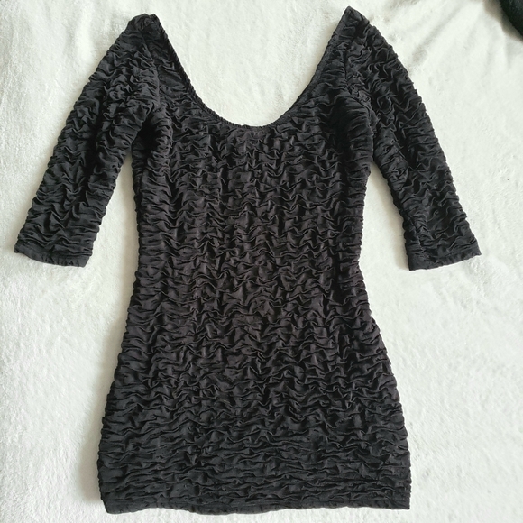 90s Micro Mini Black Rouched Dress Off The Shoulder - Picture 4 of 14